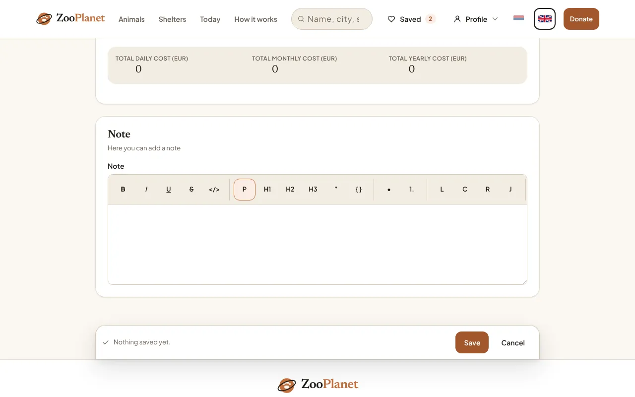 The “Note” field at the bottom of the form for adding an animal.