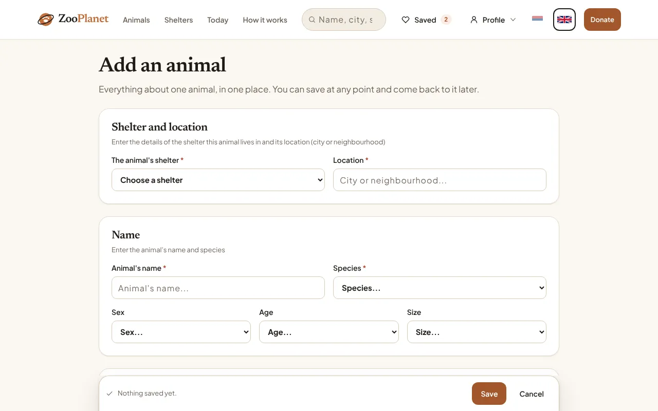 The top of the form for adding an animal, with fields for the shelter, the location, the name and the species.