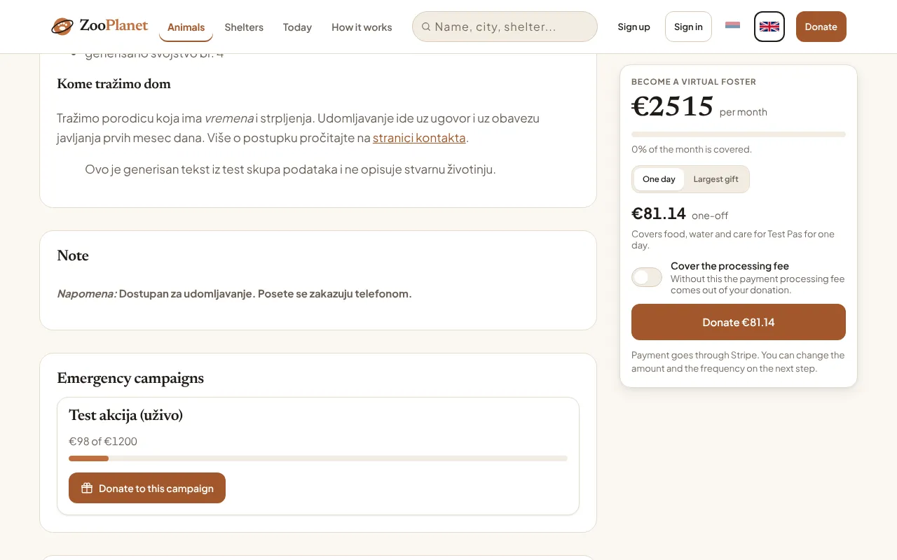 An animal's public page, with the note from the form published on it.