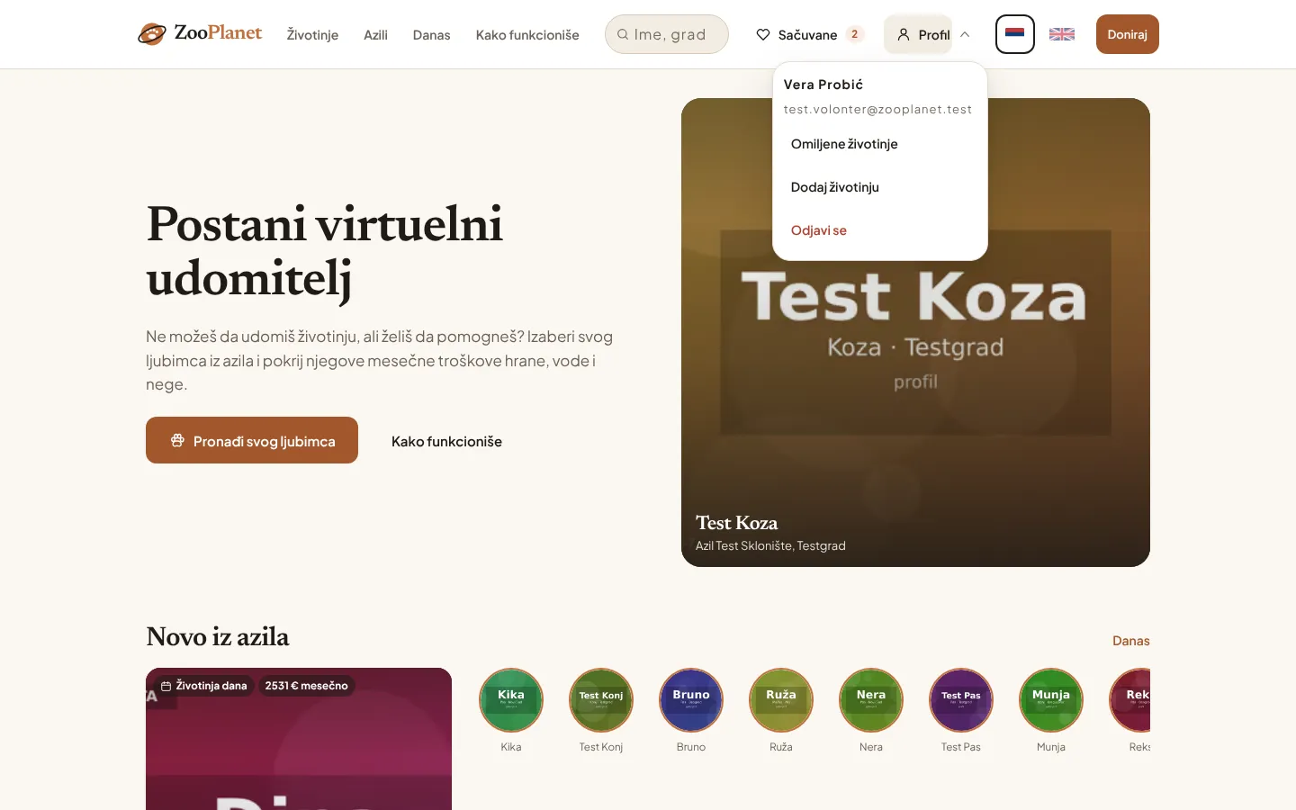 Zaglavlje sajta posle prijave, sa otvorenim menijem naloga.