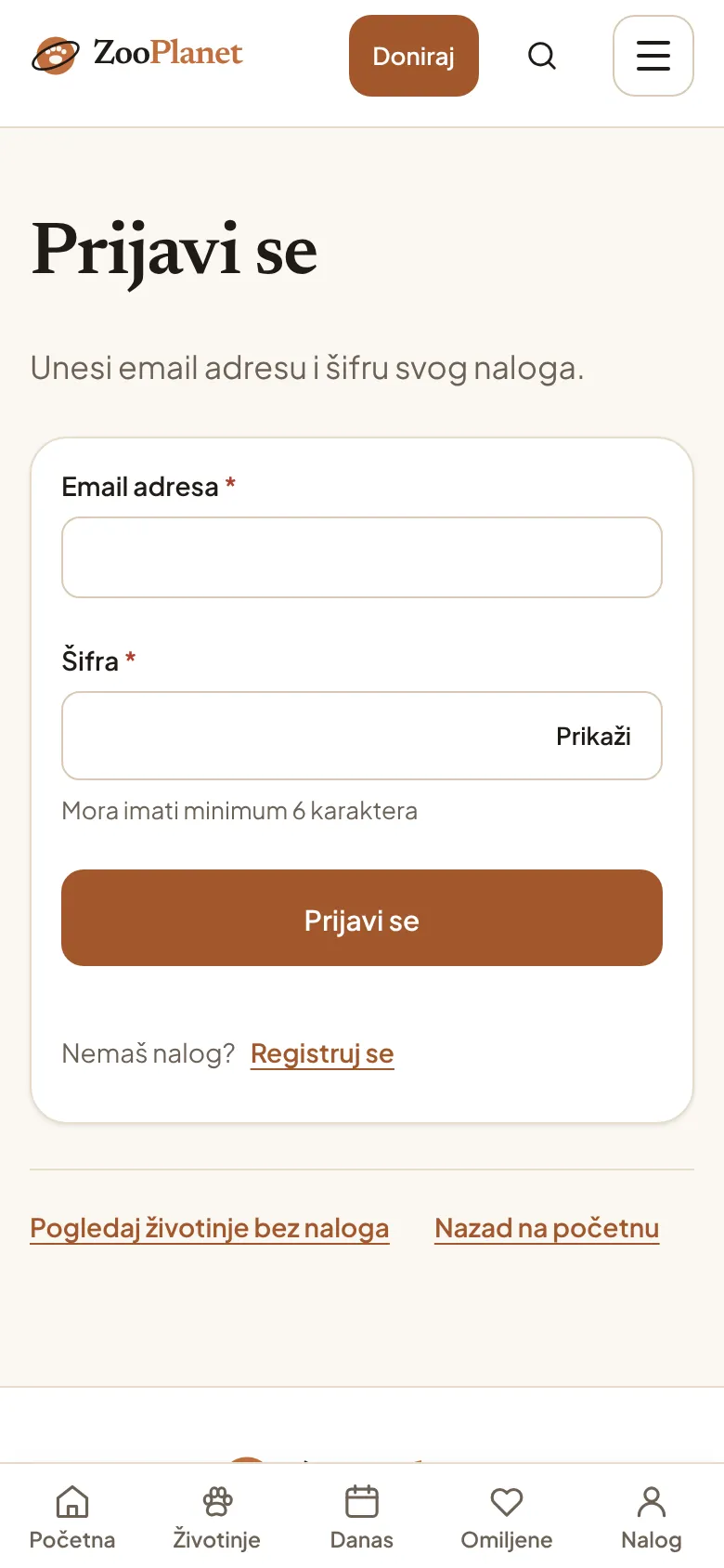 Ekran za prijavu na telefonu, sa poljima za email adresu i šifru.